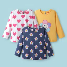 Babyhug 100% Cotton Knit Full Sleeves T-Shirt with Floral & Heart Print Pack of 3 - Navy Blue Yellow & White-image-27
