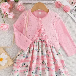Xsole Girls Floral Printed Schiffli Fit & Flare Knee Length Dress-picture-13