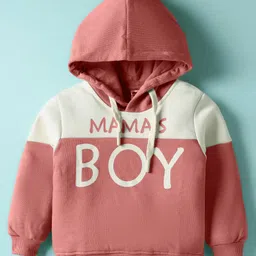 Teddy Fleece Knit Full Sleeves Hooded Winter Wear Suit Set with Mama's Boy Text Print - Rose Gold image 2