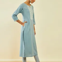 Soch Grey Rayon Floral Embroidered Yoke Straight Kurta with Pocket image 3