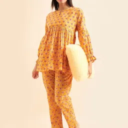 Sweet Dreams Mustard Cotton Printed Tunic Pyjama Set image 3