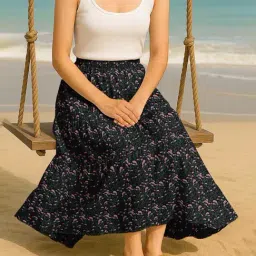 Moomaya Black Regular Fit Floral Skirt with Pockets image 2