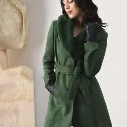 Globus Women Olive Shawl Collar Self Design 2 Pockets Hip Length Belted Winterwear Overcoat-picture-34