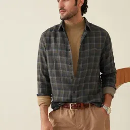 Andamen Brown Linen Slim Fit Check Shirt-image-89