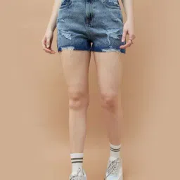 Ginger By Lifestyle Mid Blue Cotton Regular Fit Distressed Shorts-picture-14