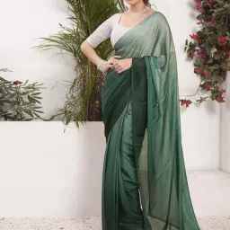 Satrani Dark Green & Dusty Green Ombre Saree With Unstitched Blouse-image-6