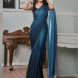 Satrani Sea Blue & Teal Blue Striped Saree With Unstitched Blouse-picture-21