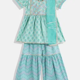 READIPRINT FASHIONS Kids Sage Green Floral Print Kurta, Sharara With Dupatta image 1