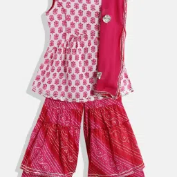 READIPRINT FASHIONS Kids White & Pink Floral Print Kurta, Sharara With Dupatta image 1