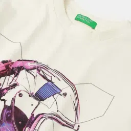 United Colors Of Benetton Off White Cotton Regular Fit Printed T-Shirt image 3