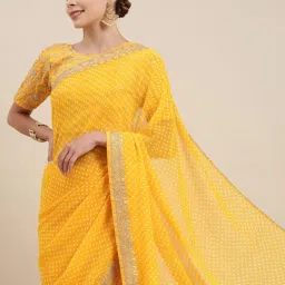 Satrani Yellow Embroidered Georgette Saree With Unstitched Blouse image 4