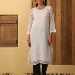 House of Chikankari White Cotton Silk Chikankari 3/4th sleeve Kurtas-picture-38