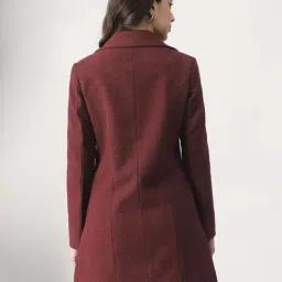 Globus Women Burgundy Self Design Peter Pan Collar Long Sleeve Hip Length Tailored Fit Overcoat image 2