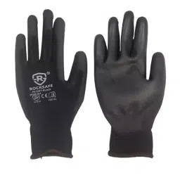ROCKSAFE Safety Hand Gloves 13 Gauge Polyester Level 1 PU Coated Dark HPPE Liner Black Free Size (Pack of 12 Pairs)-picture-12