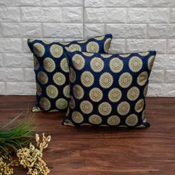 RoyalDeco Navy Blue & Gold-Toned 2 Pieces Ethnic Motifs Brocade Silk Square Cushion Covers-picture-21