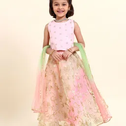 Babyhug Sleeveless Embroidered Choli Lehenga And Dupatta - Pink image 1
