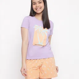 Lil Tomatoes Half Sleeves Coconut Trees Printed Night Suit - Purple-picture-23