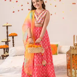 Pspeaches Sleeveless Mirror Work Detailed Motif Printed Lehenga Choli With Dupatta - Pink-picture-21