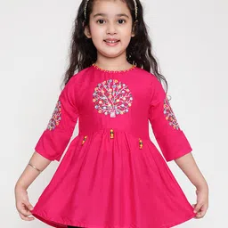 ISHTI Rayon Three Fourth Sleeves Floral Embroidered Peplum Top - Rani-picture-37