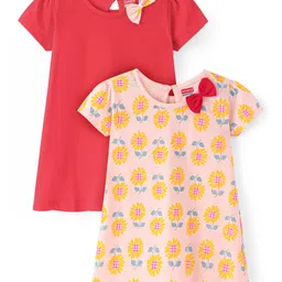 Babyhug Single Jersey Cap Sleeves Knee Length Frocks with Bow Floral Print - Red & Peach-picture-12