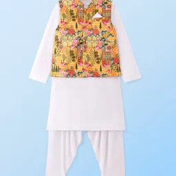 Earthy Touch Single Jerset Knit Full Sleeves Solid Kurta with Harem Pants & Floral Printed Jacket - Yellow-picture-14