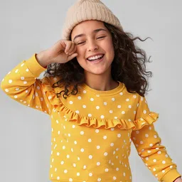 Babyhug Cotton Knit Full Sleeves Sweatshirt With Polka Dot Print & Frill Detailing - Yellow-image-68