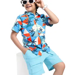 Ollington St. 100% Cotton Knit Half Sleeves Printed Shirt & Shorts Set - White Green & Blue-picture-14