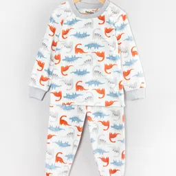 Hugsntugs Cotton Full Sleeves Dinosaurs Printed Coordinating Sweatshirt & Joggers Set - White-picture-12