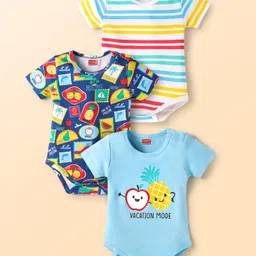 Babyhug Interlock Knit Half Sleeves Onesies with Stripes & Tropical Print Pack of 3 - Navy Blue & Light Blue-picture-30