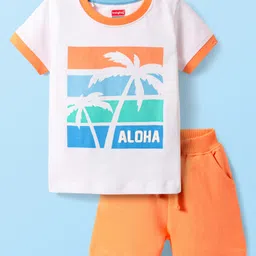 Babyhug Single Jersey Knit Half Sleeves T-Shirt & Shorts Set With Beach Theme Print - White & Orange-picture-21