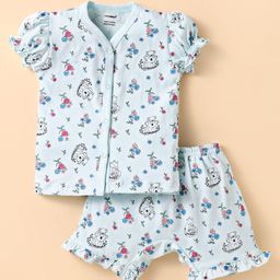 CUCUMBER Sinker Knit Half Sleeves Co-ords Shorts Night Suit with Animal & Floral Print - Light Blue-picture-28