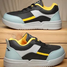 asian Colour Blocked With Lace Up Sneakers - Black & Mustard-image-24