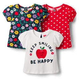 Babyhug 100% Cotton Knit Half Sleeves T-Shirts with Floral & Polka Dot Print Pack of 3 - White Red & Navy Blue-image-50