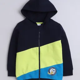 BUMZEE Looper Knit Full Sleeves Football Printed Hooded Sweatjacket With Cut & Sew Design - Navy Blue-image-43