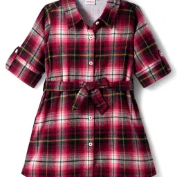 Babyhug Cotton Knit Full Sleeves Shirt Dress With Checks & Belt - Maroon-picture-27