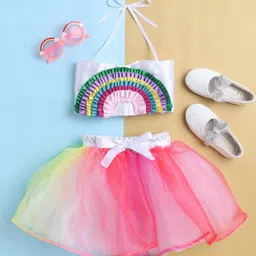 TINY MINY MEE Satin Woven Sleeveless Rainbow Designed Top & Skirt Set - Multi Colour-picture-29