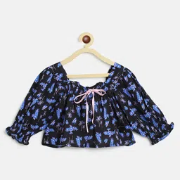 Tales & Stories Viscose Woven Three Fourth Peasant Sleeves Floral Printed Crop Top - Black & Blue-picture-13