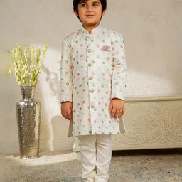 AJ Dezines Jacquard Woven Full Sleeves Floral Embroidered Sequins Embellished Sherwani & Pant Set - White-picture-37