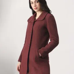 Globus Women Burgundy Self Design Peter Pan Collar Long Sleeve Hip Length Tailored Fit Overcoat image 3