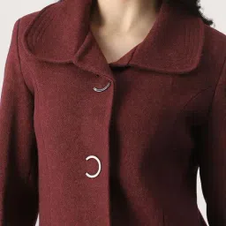Globus Women Burgundy Self Design Peter Pan Collar Long Sleeve Hip Length Tailored Fit Overcoat image 4