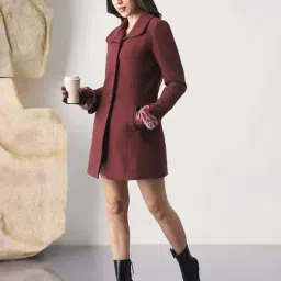 Globus Women Burgundy Self Design Peter Pan Collar Long Sleeve Hip Length Tailored Fit Overcoat image 5