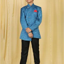 AJ Dezines Kids Blue & Black Printed Full Sleeves Sherwani with Pants-image-4