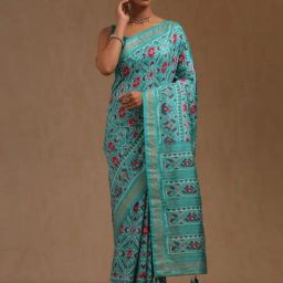 Soch Turquoise Blue Silk Blend Printed Saree with Unstitched Blouse-picture-15