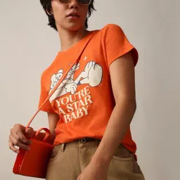 Only Orange Cotton Graphic Print T-Shirt-image-12