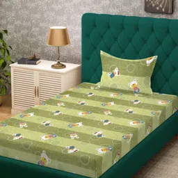 KLOTTHE Green Cartoon 400 TC 100% Cotton Single Bedsheet With Pillow Cover - 2.25 x 1.50 m-picture-25