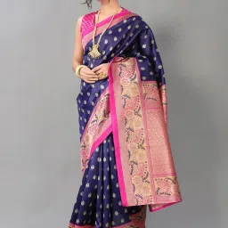 Satrani Navy Printed Saree With Unstitched Blouse image 4