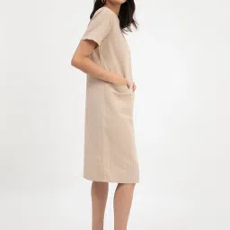 Fablestreet Beige Linen Relaxed Fit Shift Dress image 3