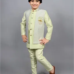 Ahhaaaa Kids Green Embellished Full Sleeves Sherwani, Jacket & Pyjamas image 3