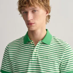 GANT Green Regular Fit Striped Cotton Polo T-Shirt image 3