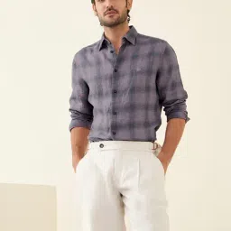 Andamen Lavender Linen Slim Fit Check Shirt-image-6